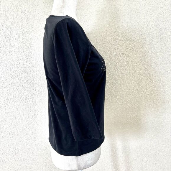 Talbots Top Womens Small Petite Black Beaded Neck 3/4 Sleeve Round Neck Casual - Picture 4 of 9